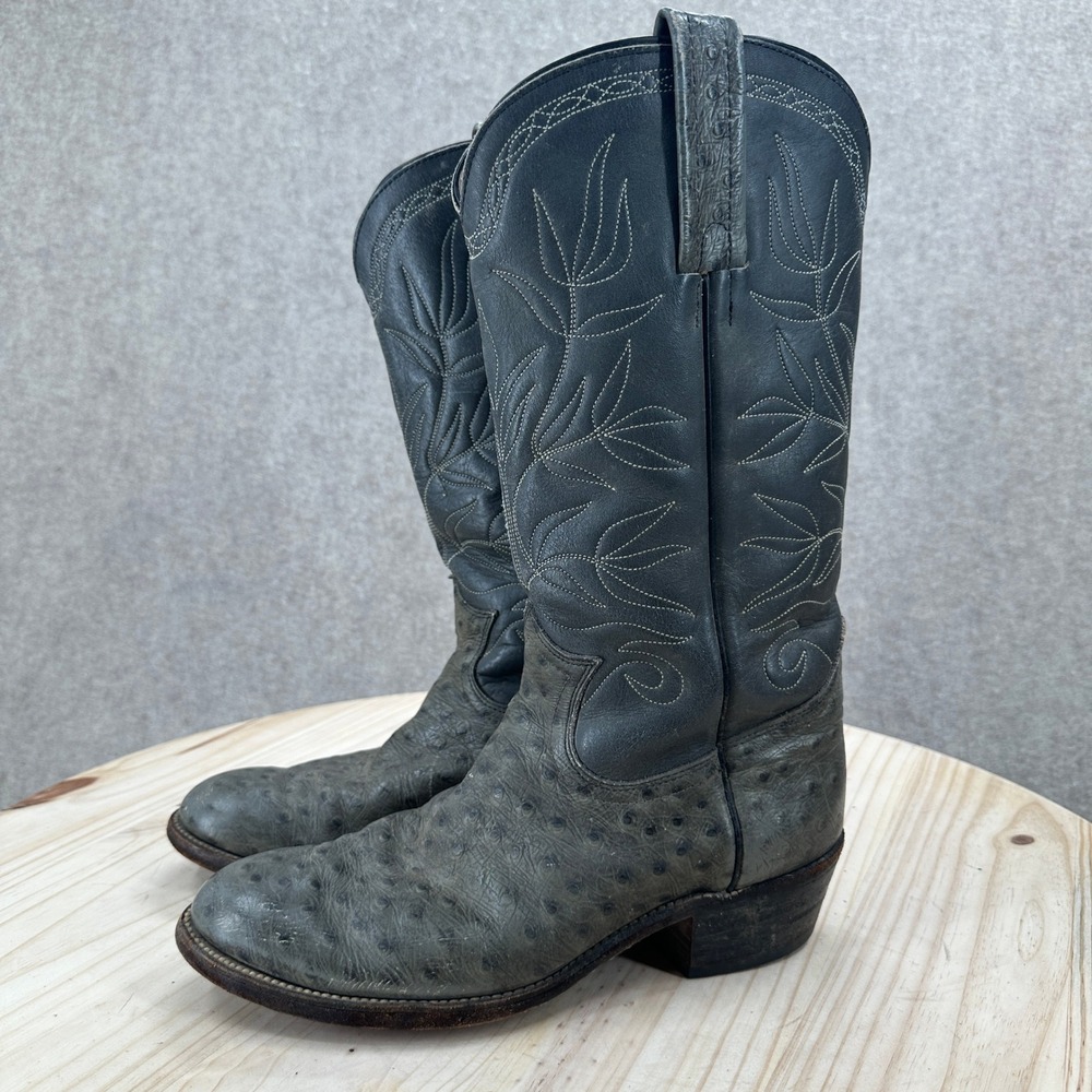 Frye Full Quill Ostrich Leather Cowboy Boots Gray Black Western Round Toe Men 8